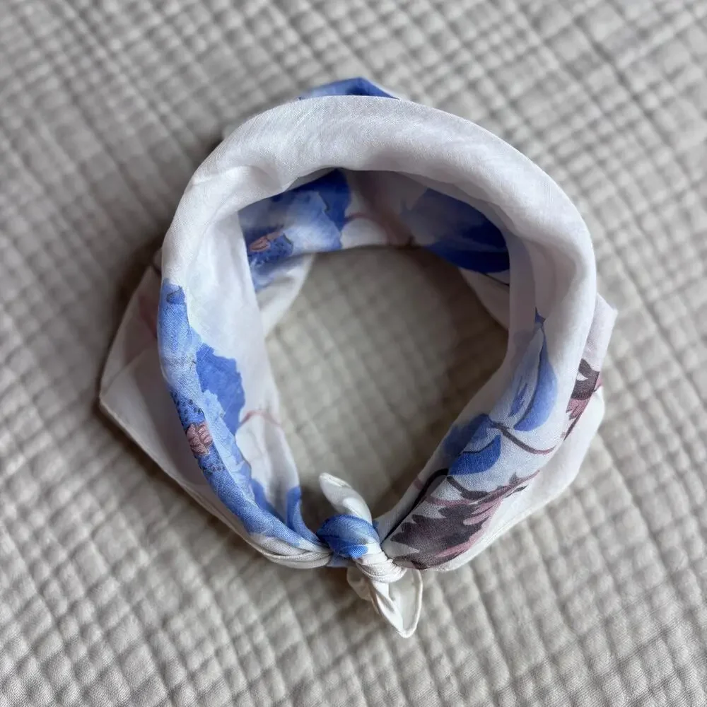 Vintage Floral Scarf Blue White Handkerchief Scarf Cottagecore Scarf Romantic